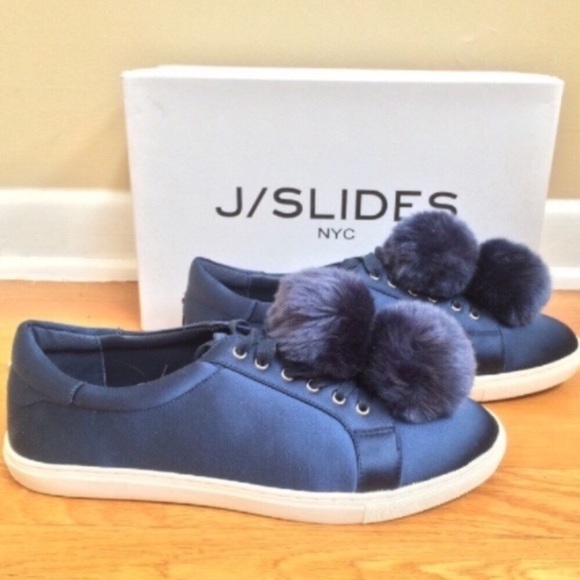 J/SLIDES NYC Cash Satin Faux Fur Pom Pom Sneakers - Picture 5 of 8